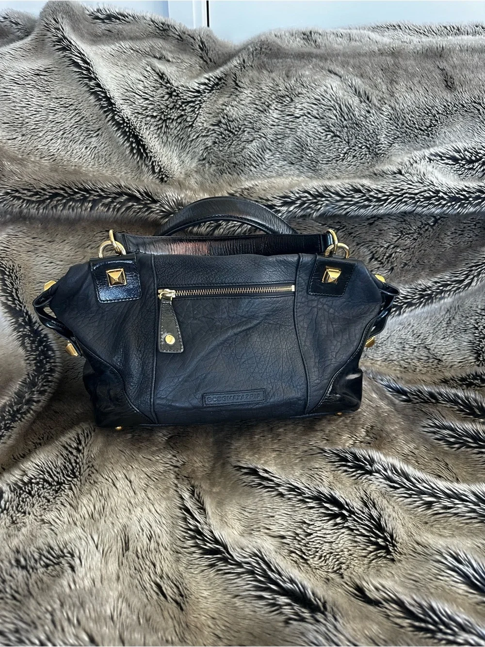 BCBG Max Azria Black Leather Satchel with Gold Hardware